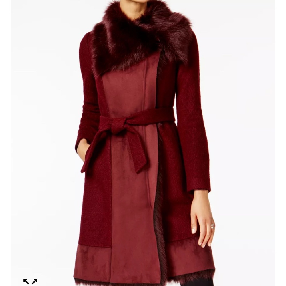 Like New Vince Camuto Burgundy Mixed Media Coat with Faux Fur